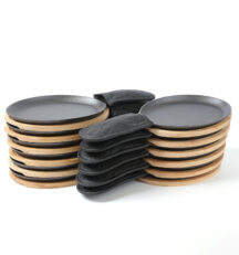 Cast Iron Fajita Plate Sizzler Pan Set with Bamboo Tray and Handle Holder, Set of 12, Pre-seasoned Cast Iron Skillet with Bamboo Base and Handle Cover