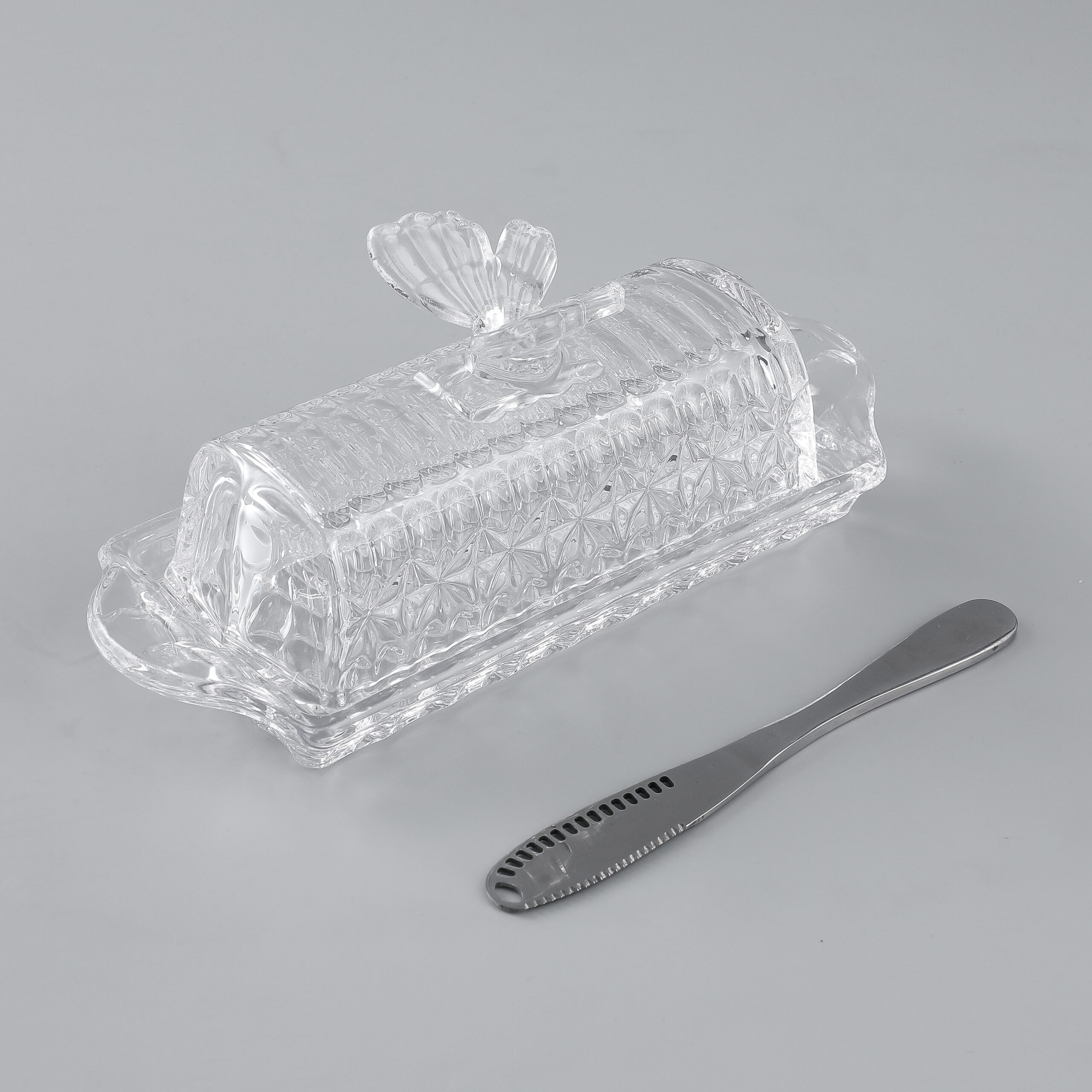 Glass Butter Dish with Lid Easy Grip Handle and knife