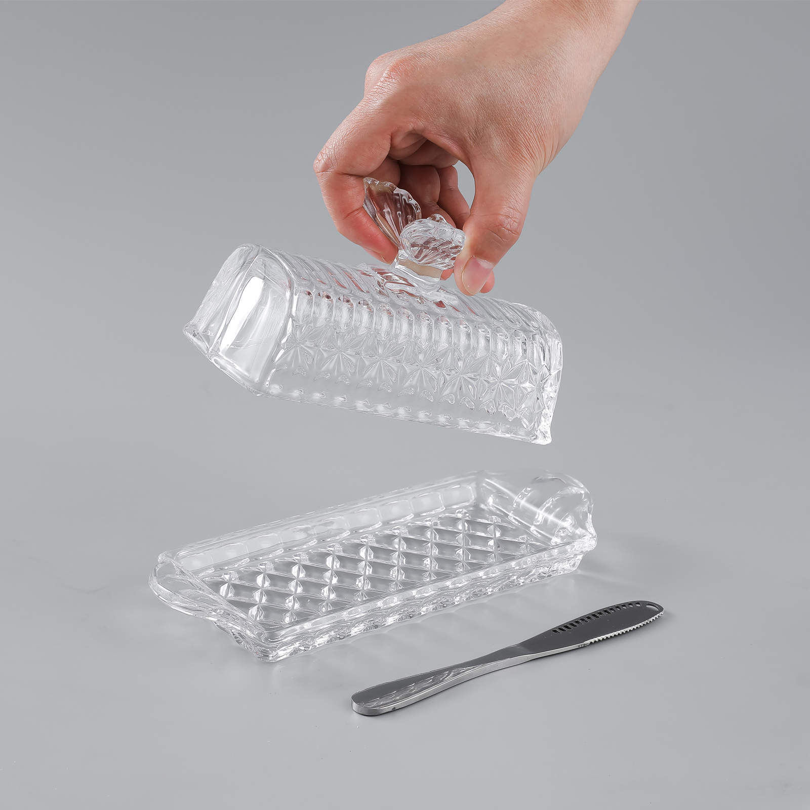 Glass Butter Dish with Lid Easy Grip Handle and knife - Image 3
