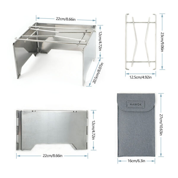 Folding Outdoor Stainless Steel Stove with Grill and Carrying Bag, 8.7"D x 8"W x 4.7"H, Portable Wood Burning Grill - 图片 2