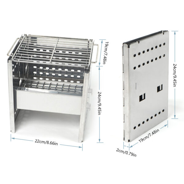 Stainless Steel Folding Outdoor Stove with Carrying Bag and Stainless Steel Grill, 8.7"L x 7.5"W x 9.5"H, Portable Wood Burning Grill - 图片 2