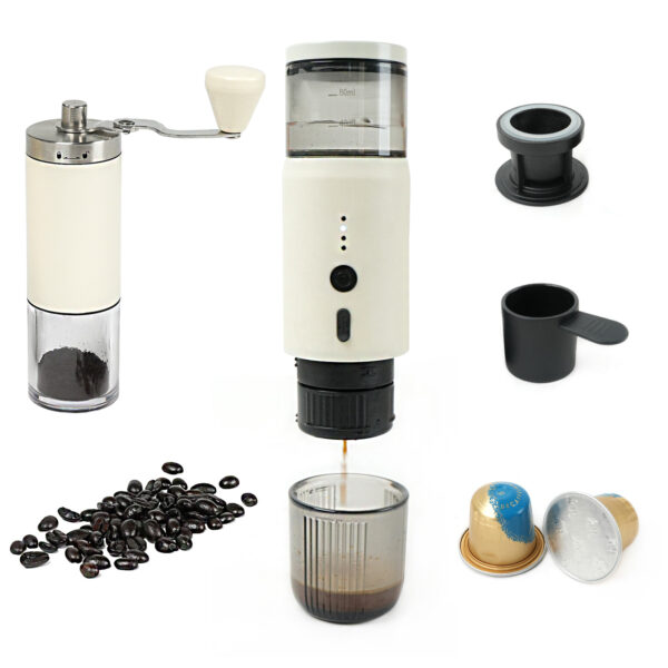 Portable Espresso Coffee Machine & Manual Coffee Grinder Set, 80ml Water Tank