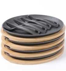 Cast Iron Fajita pan with Bamboo Tray and Handle Set of 4